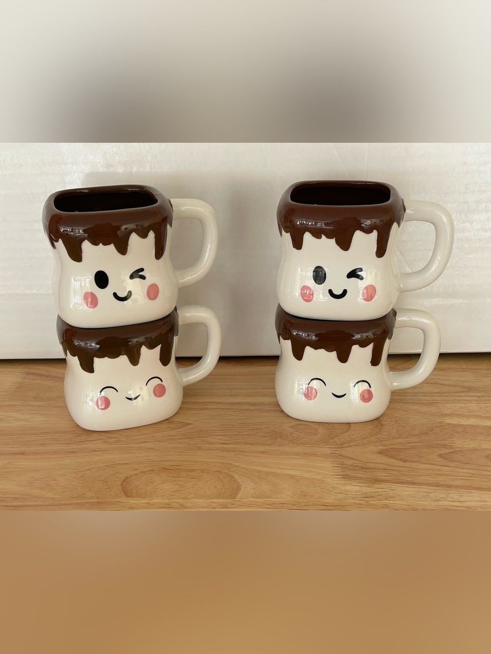 Marshmallow Smiling Ceramic Mug Set of 4 With Chocolate Drip
